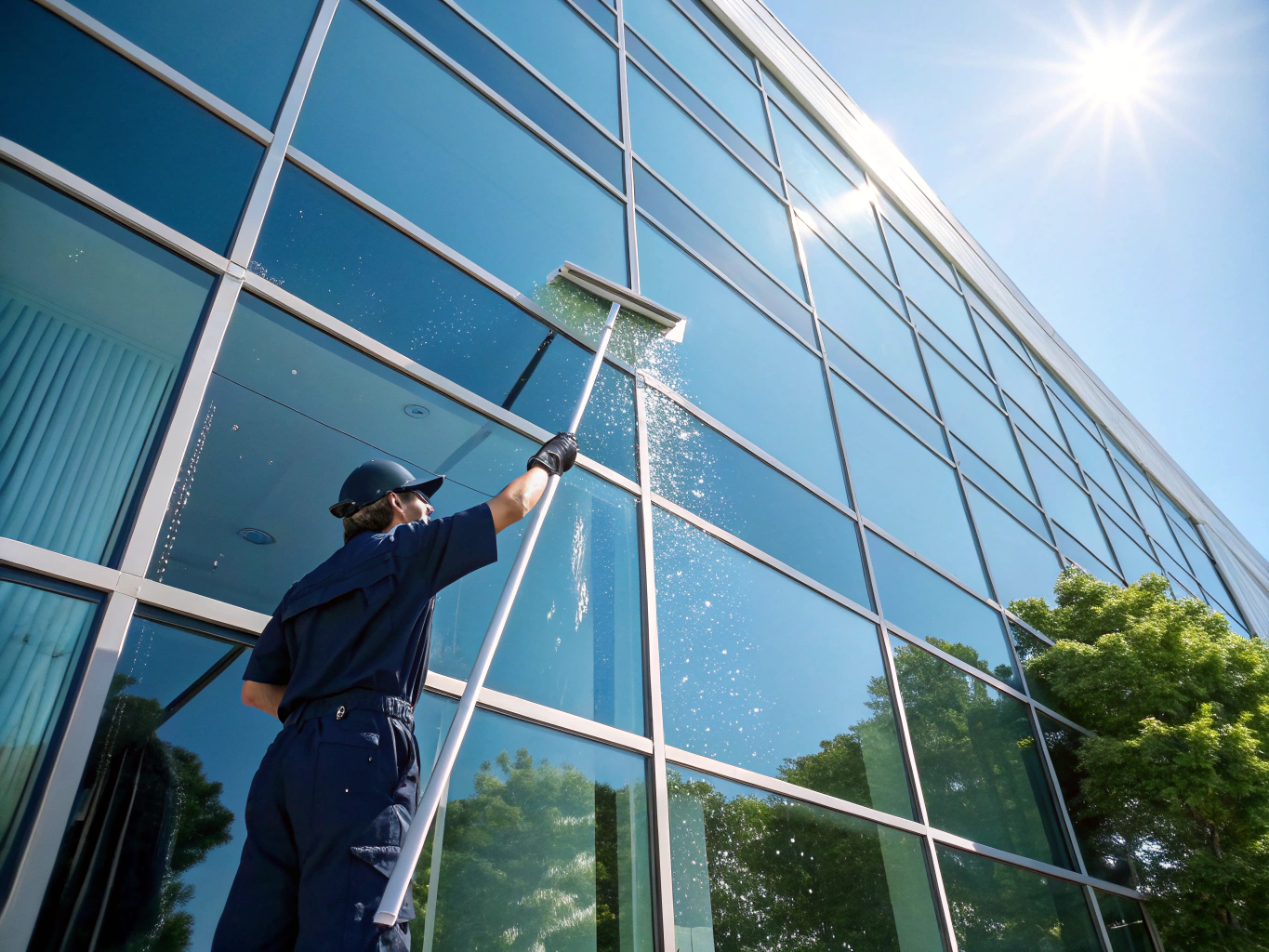 Professionelle Glas- und Fensterreinigung an einer Gewerbe-Glasfassade